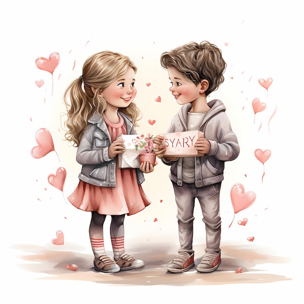 Ilustración de niño en el día de San Valentín clipart de acuarela