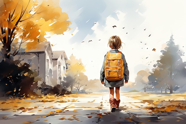 Ilustración de un niño de grill caminando a la escuela con una mochila un viaje pintado