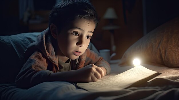Ilustración de un niño leyendo al aire libre 3d realista y dibujos animados