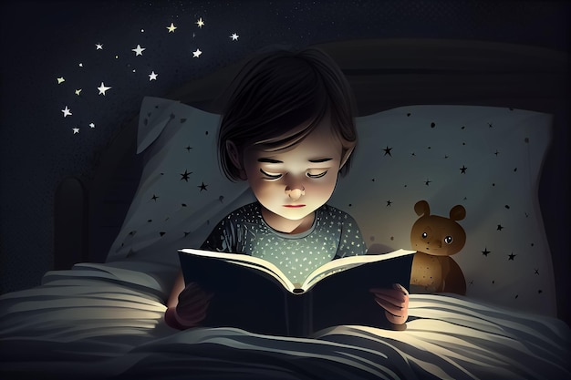 Ilustración de un niño leyendo un libro antes de irse a dormir en un acogedor dormitorio de IA
