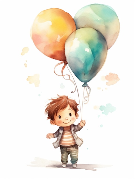 Ilustración de niño lindo con globos en arte de acuarela