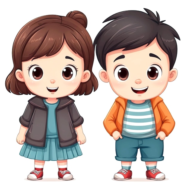 Ilustración de un niño y una niña de dibujos animados sobre un fondo blanco
