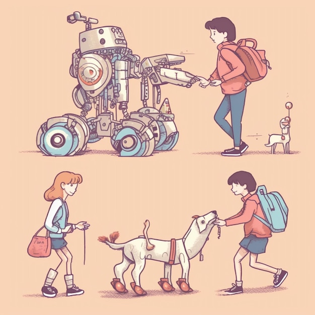 Ilustración de un niño y una niña con un perro y un robot