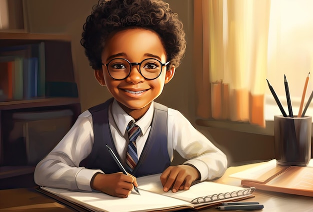 Ilustración de un niño de pelo rizado negro haciendo el concepto de estudio de tarea