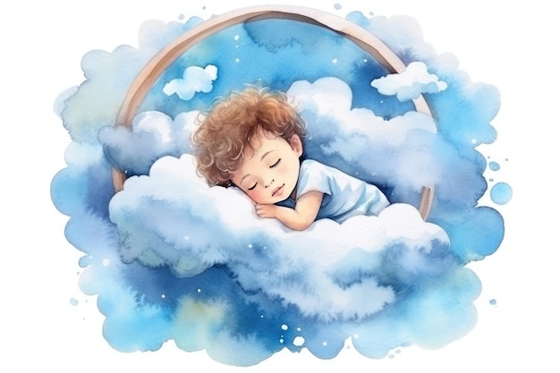 Ilustración de un niño pequeño durmiendo en una nube generada por la IA