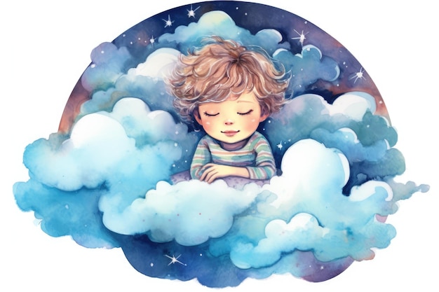 Foto ilustración de un niño pequeño durmiendo en una nube generada por la ia