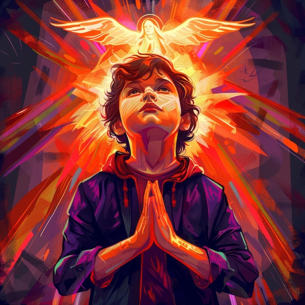 Ilustración de un niño pequeño que reza pide perdón cristianismo Jesucristo junto a las palomas pájaros de la paz
