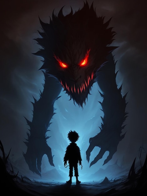 Ilustración de un niño valiente que se enfrenta a un monstruo aterrador 11