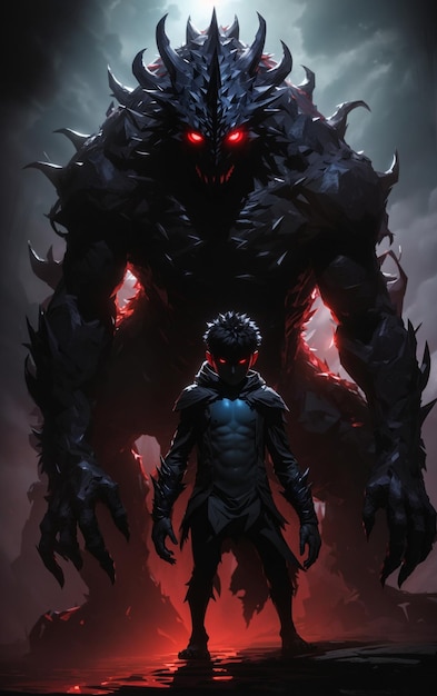 Ilustración de un niño valiente que se enfrenta a un monstruo aterrador