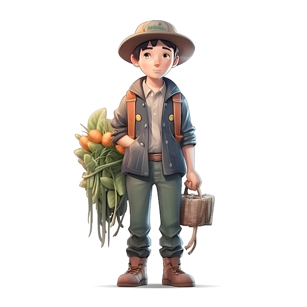 Ilustración de un niño vestido con un traje de safari y sosteniendo una canasta llena de verduras