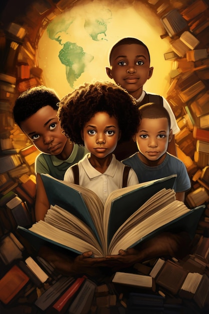 Ilustración de niños afroamericanos leyendo