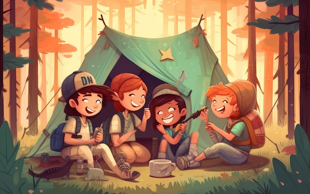 ilustración de niños en una aventura de fogata cerca de una aventura de campamento de verano