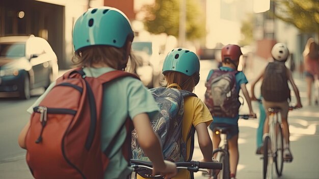 Ilustración de niños caminando juntos a la escuela 3d realista