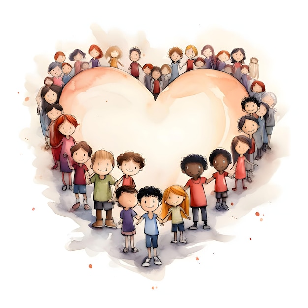 Foto ilustración de niños felices de pie alrededor de un corazón corazón como símbolo de afecto y amor