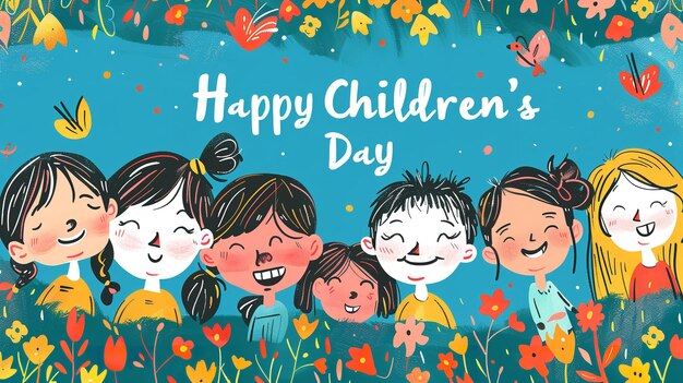 Foto ilustración de niños felices en un telón de fondo limpio con tema de tipo celebración con happy children's day escrito en él ai generativa