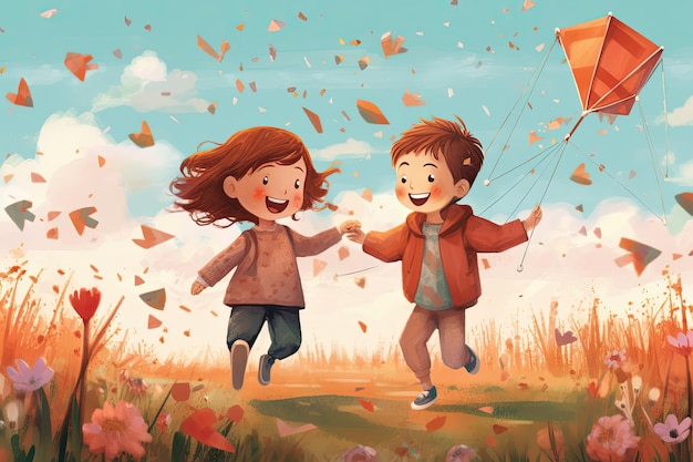 Ilustración Niños jugando con cometas en el prado
