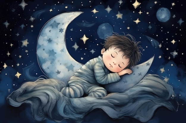 Ilustración de niños con luna y bebé durmiendo Hermoso póster para habitación de bebé o dormitorio Tarjeta de felicitación infantil