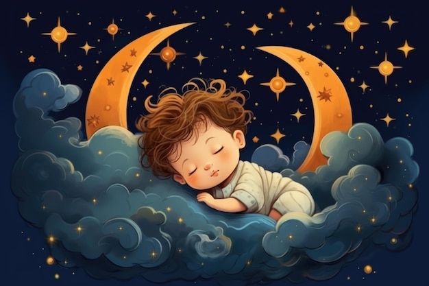 Ilustración de niños con luna y bebé durmiendo Hermoso póster para habitación de bebé o dormitorio Tarjeta de felicitación infantil