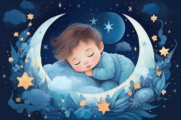 Ilustración de niños con luna y bebé durmiendo Hermoso póster para habitación de bebé o dormitorio Tarjeta de felicitación infantil