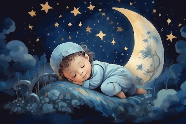 Ilustración de niños con luna y bebé durmiendo Hermoso póster para habitación de bebé o dormitorio Tarjeta de felicitación infantil