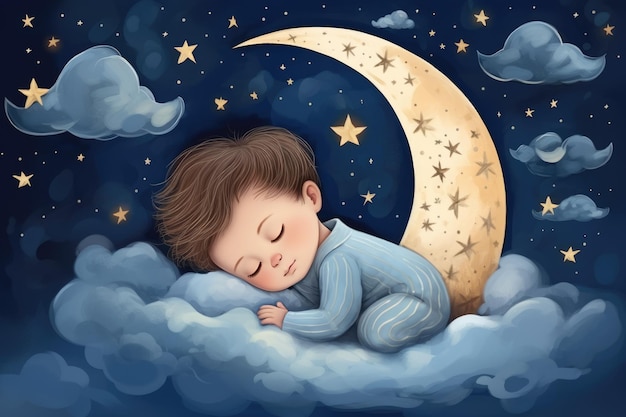 Ilustración para niños con luna y bebé durmiente hermoso cartel para la habitación del bebé o dormitorio tarjeta de felicitación infantil