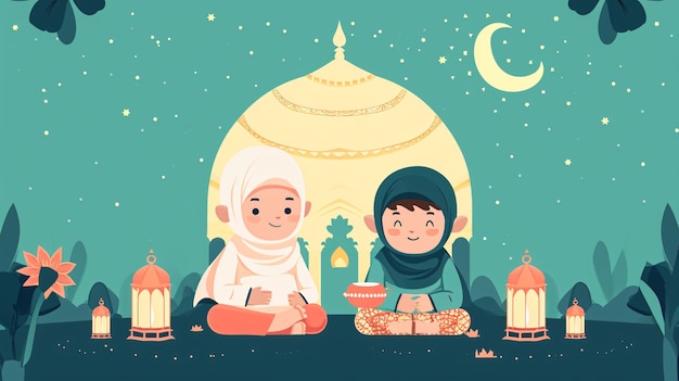 Ilustración de niños planos del Ramadán