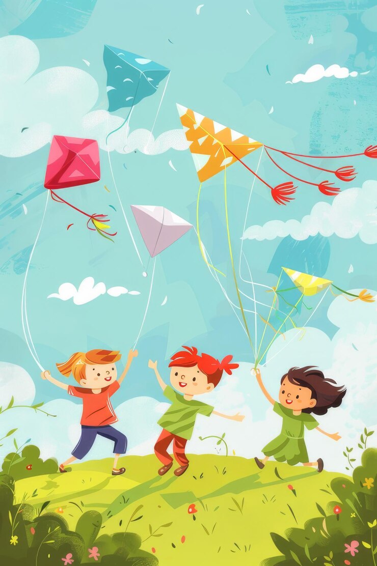 Ilustración de niños volando cometas en un prado soleado capturando la alegría, el juego y la diversión al aire libre