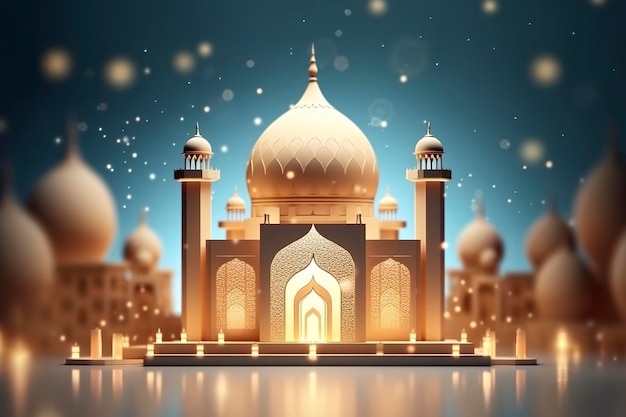 Ilustración de la noche de Eid Mubarak con la luz de una lámpara estilo papel lujo feliz fondo Eid AI generativo