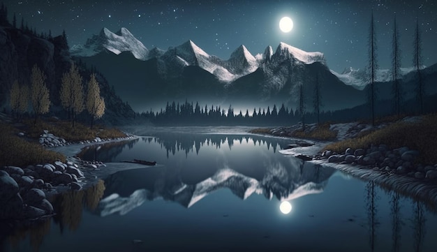 Ilustración nocturna con vista a la luz de la luna y árboles en el río.