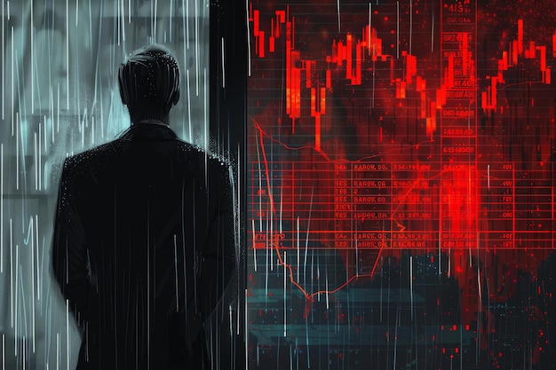 Ilustración de Noir Moody de un hombre de negocios observando la caída de los precios del petróleo en un entorno lluvioso