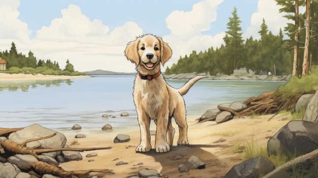 Ilustración nostálgica de un cachorro de Labrador Retriever en las costas de Ontario