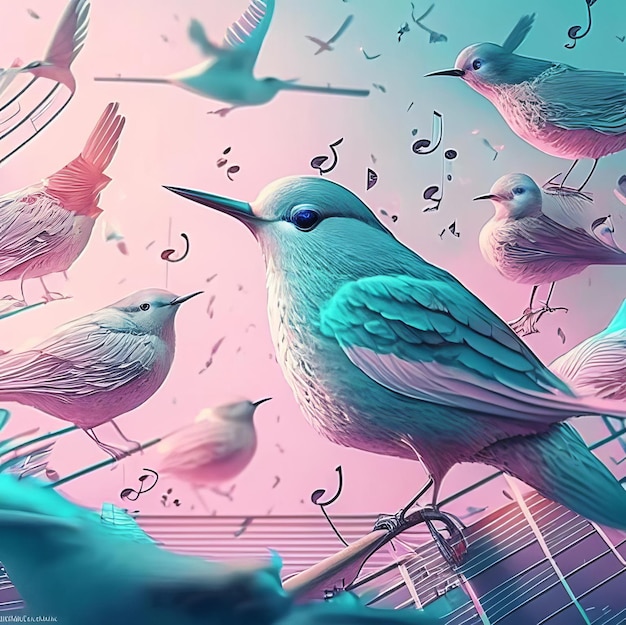 Ilustración de notas musicales y cantos de pájaros en colores pastel.