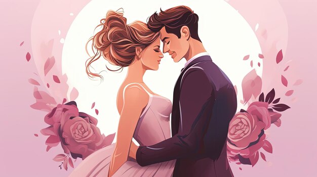 la ilustración de una novia y un novio en el estilo del realismo sentimental