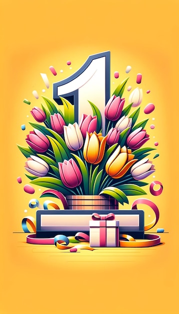 Ilustración del número uno con flores para el feliz día del trabajo