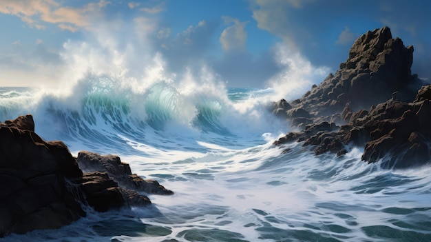 Ilustración de un océano tormentoso con olas que se rompen en las rocas