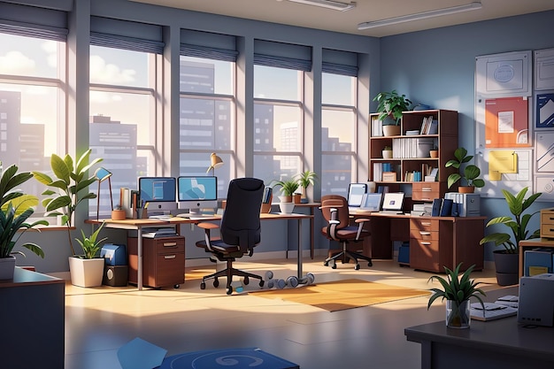 Ilustración de una oficina de negocios genial Un hombre trabajando en su escritorio con una computadora portátil