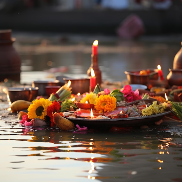 Ilustración de ofrendas a Dios durante el festival de Chhath Puja