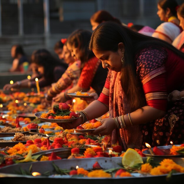 Ilustración de ofrendas a Dios durante el festival de Chhath Puja