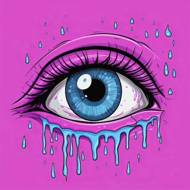 una ilustración de un ojo con agua goteante en un fondo rosa