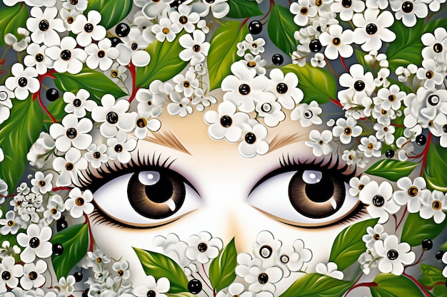 Foto ilustración de los ojos de una mujer hermosa rodeada de flores blancas