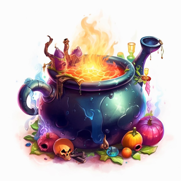 ilustración de una olla de brujas hirviendo con una cabeza espeluznante ai generativo