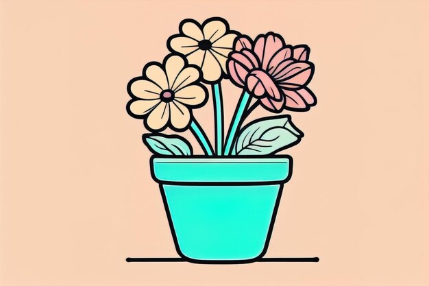 Ilustración de una olla de flores con flores rosas y azules sobre un fondo gris