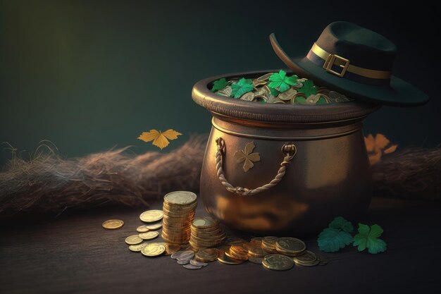 Una ilustración de una olla mágica llena de monedas y un sombrero de duende Concepto del día de San Patricio Generación AI