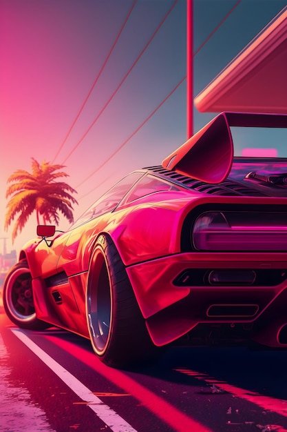 Ilustración de onda sintética de paisaje de coche retrowave