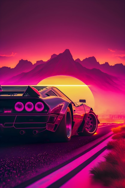 Ilustración de onda sintética de paisaje de coche retrowave