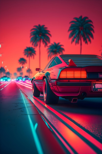 Ilustración de onda sintética de paisaje de coche retrowave