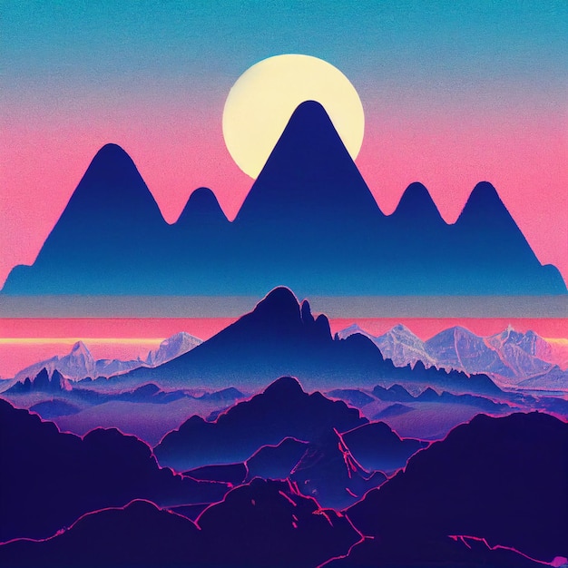 Ilustración de onda sintética de paisaje de montaña de vaporwave