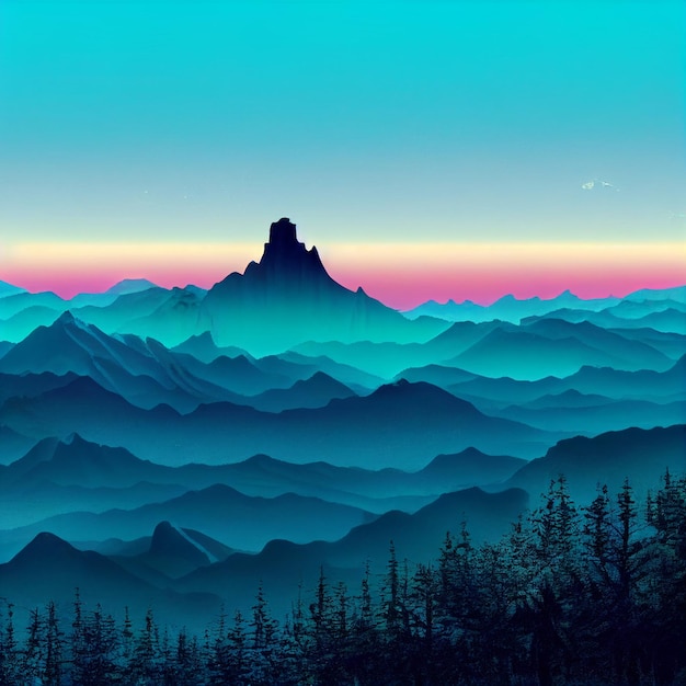 Ilustración de onda sintética de paisaje de montaña de vaporwave