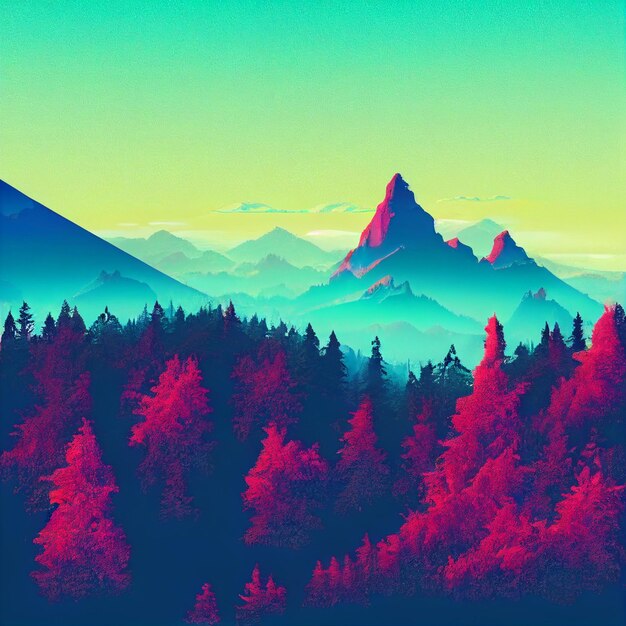 Ilustración de onda sintética de paisaje de montaña de vaporwave