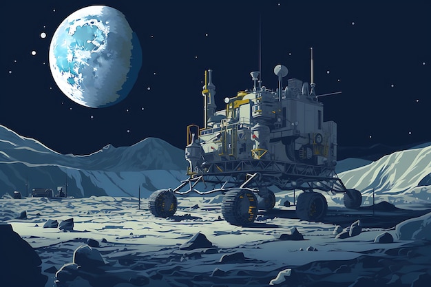 Ilustración de una operación de minería lunar en la superficie de la luna